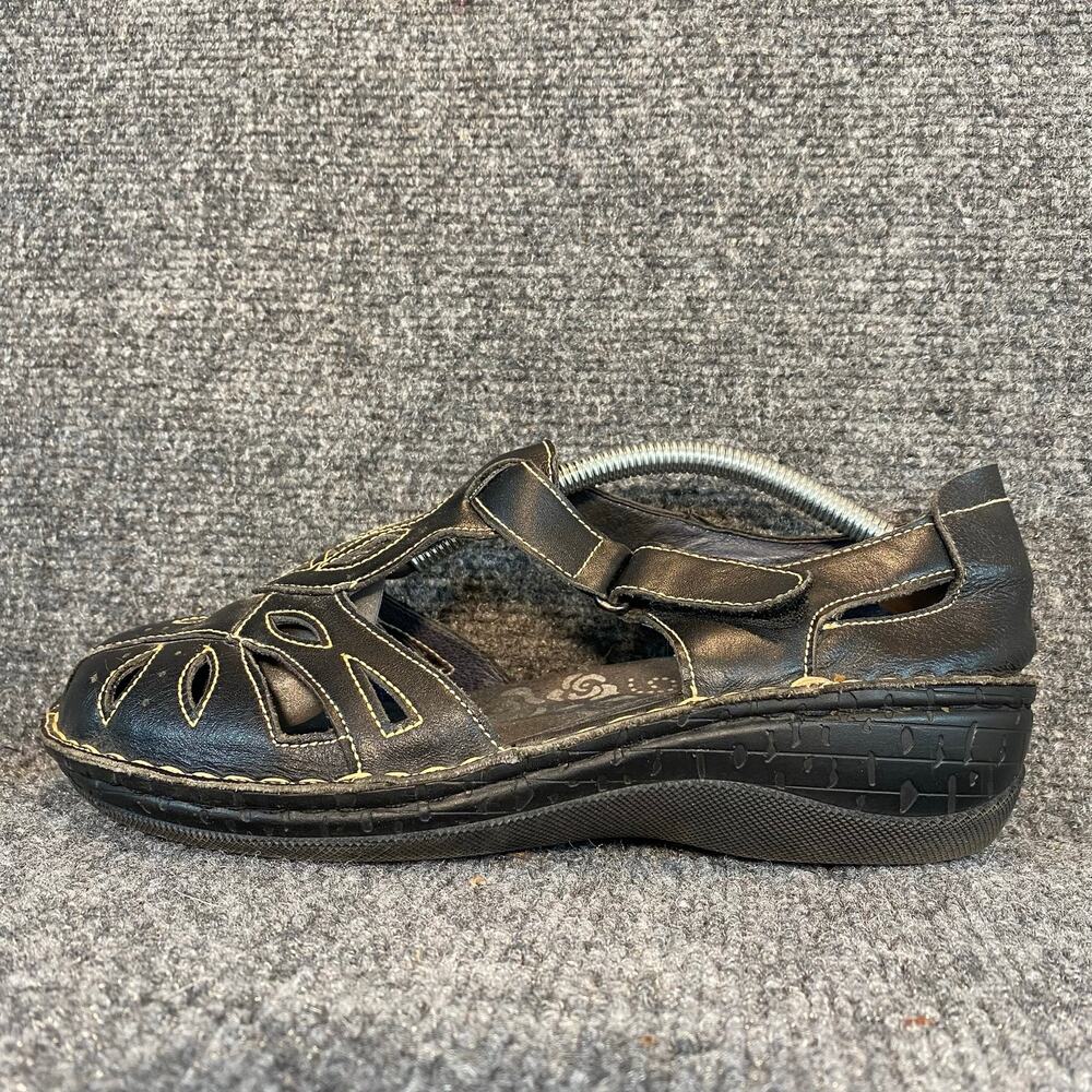 Propét Womens Black Leather Comfort Sandals Cut Out Floral Detail Shoes 7.5 Wide